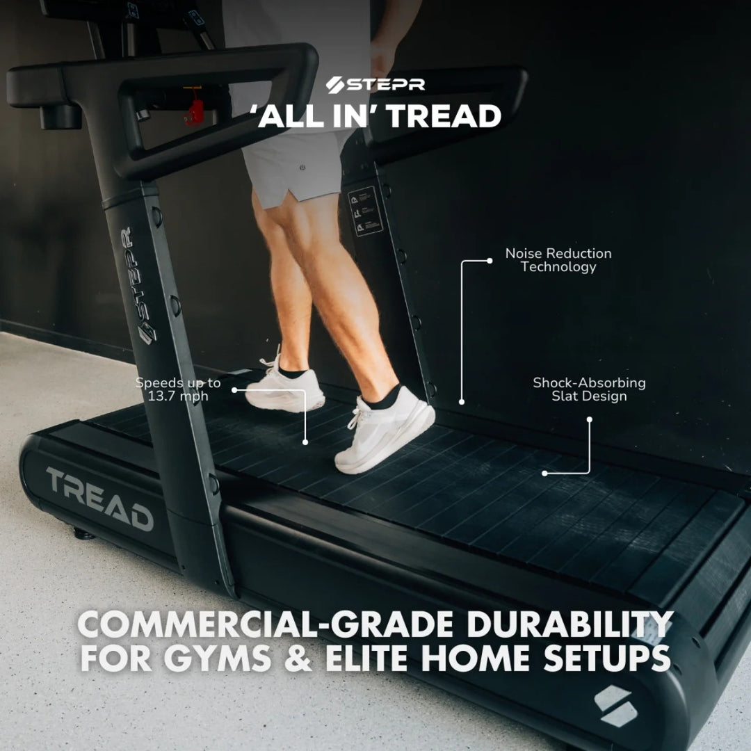 Treadmill with text highlighting features and branding