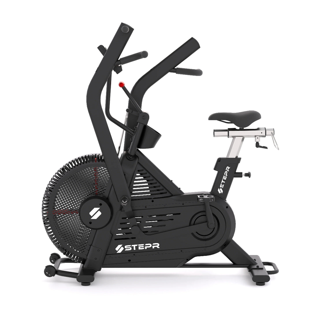 Black exercise bike with 'Stepr' branding on a white background