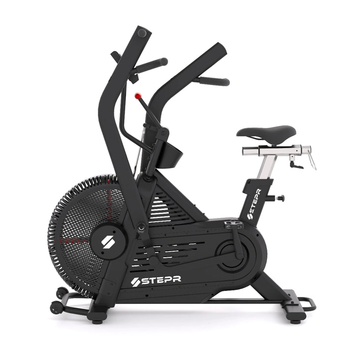 Black exercise bike with 'Stepr' branding on a white background