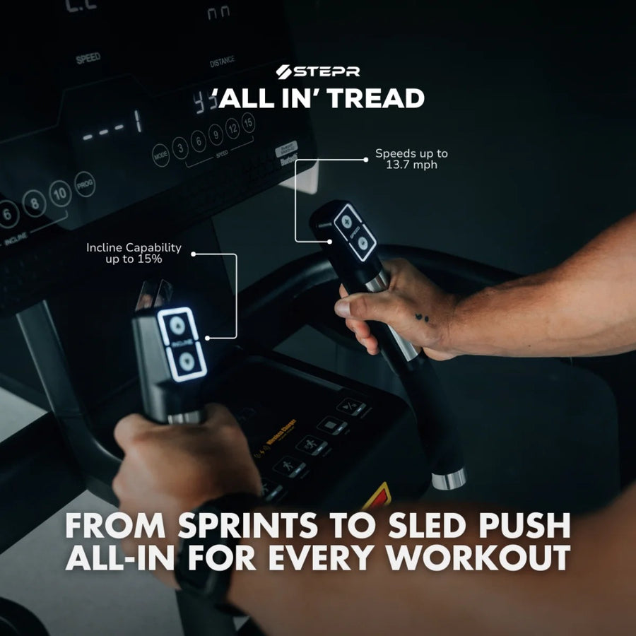 Exercise machine with handrails and control panel, featuring text about 'All In' Tread workout capabilities.