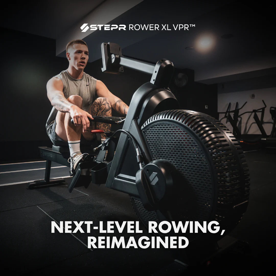 Person using a STEPPR Rower XL VPR in a gym setting with promotional text.