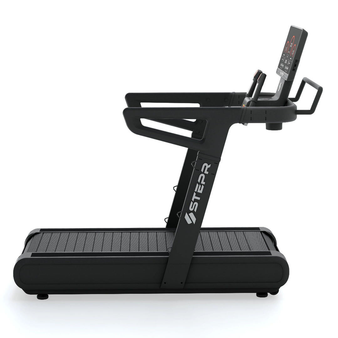 Black treadmill with digital display on a white background