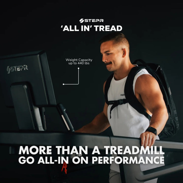 Man using a treadmill with 'Stepr' branding and text highlighting features.