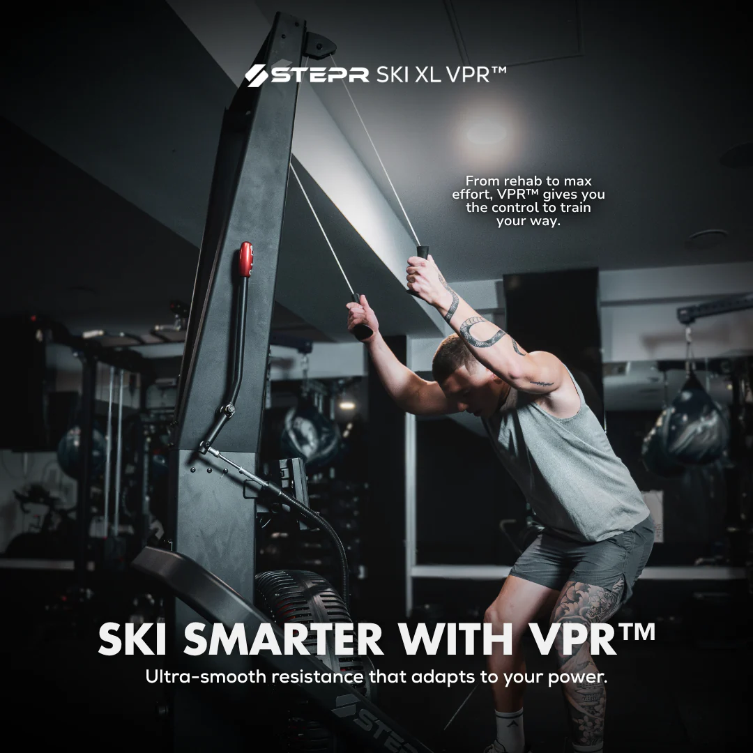 Person using a fitness machine with 'Stepr Ski XL VPR' branding in a gym setting.