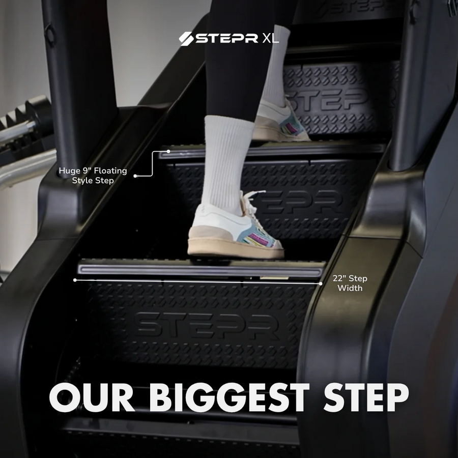 Person using a STEPR XL step machine with text highlighting features