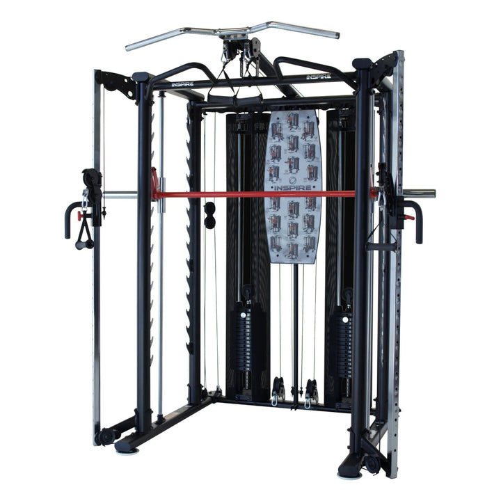 Gym machine with multiple cables and attachments on a white background