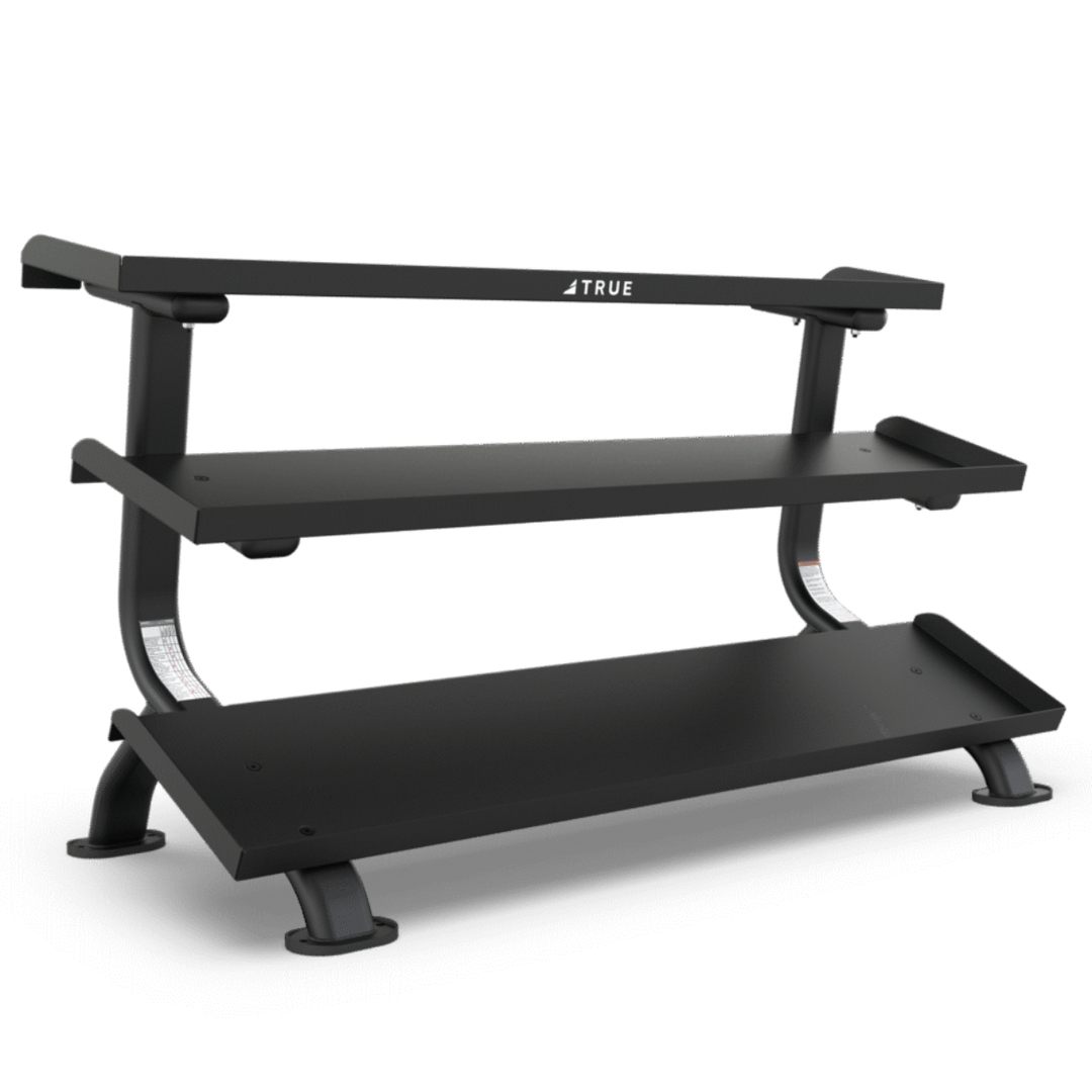 Black weight rack with 'TRUE' branding on a white background