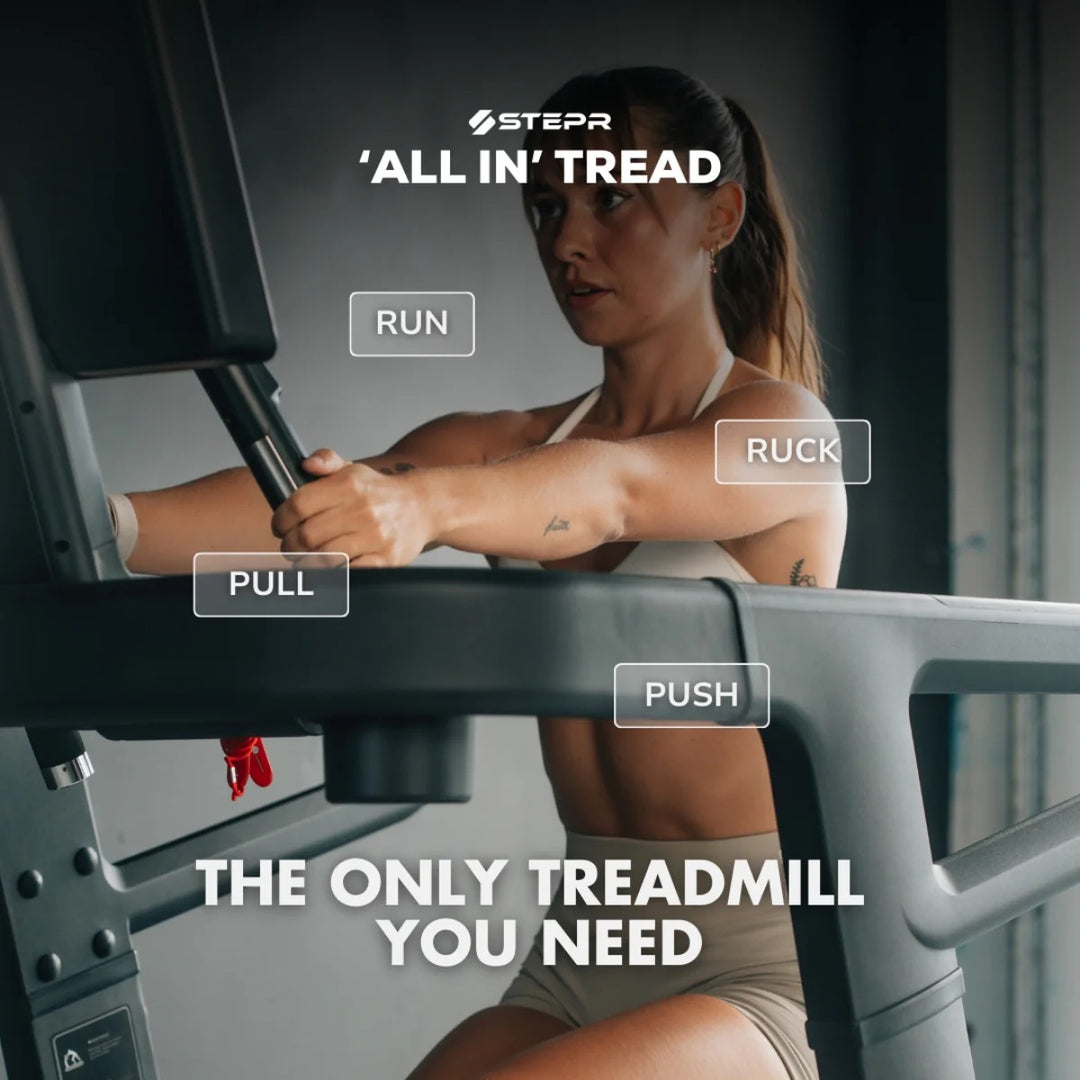 Woman using a treadmill with 'Steep' branding and text about treadmill functions.