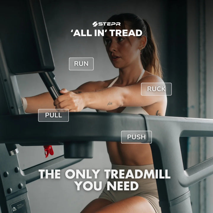 Woman using a treadmill with 'Steep' branding and text about treadmill functions.