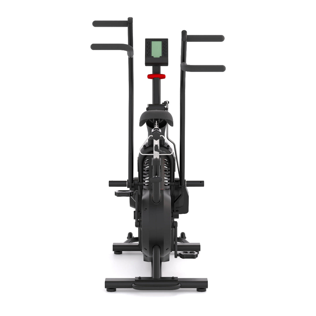 Black exercise bike with digital display on a white background