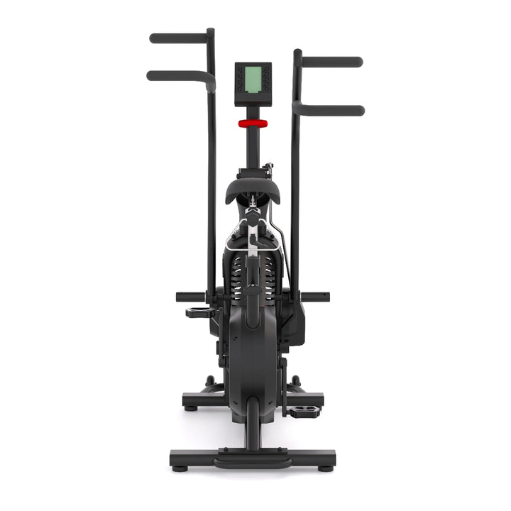 Black exercise bike with digital display on a white background
