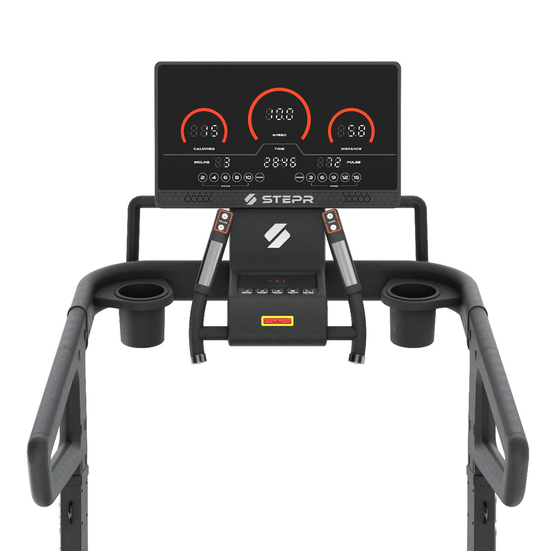 Step machine with digital display and 'Stepr' branding on a white background