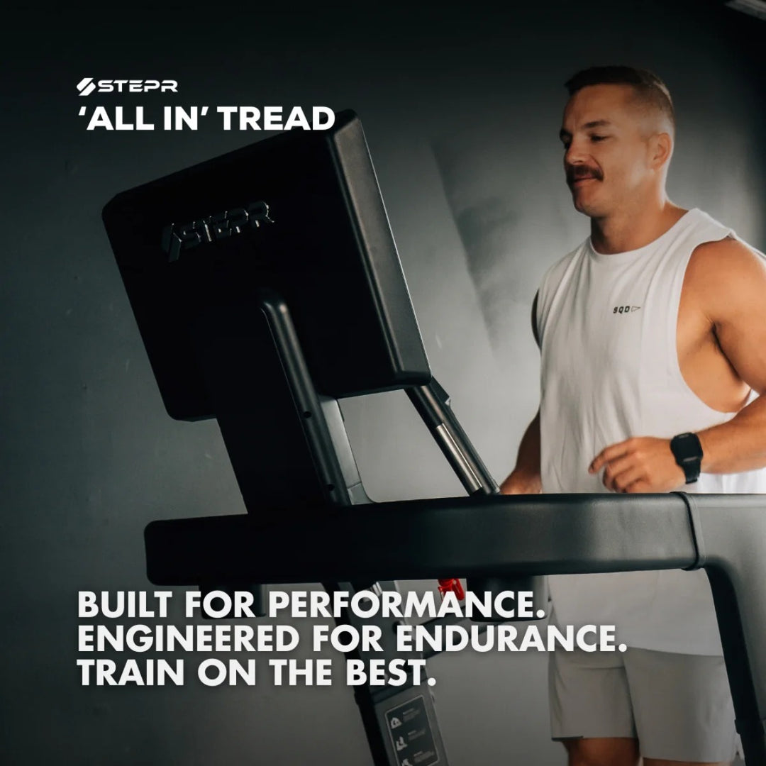 Man using a treadmill with 'Stepr' branding and promotional text.