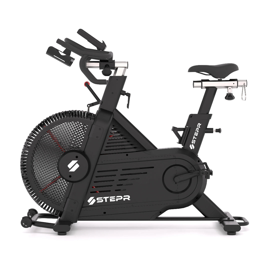 Black exercise bike with 'Stepr' branding on a white background