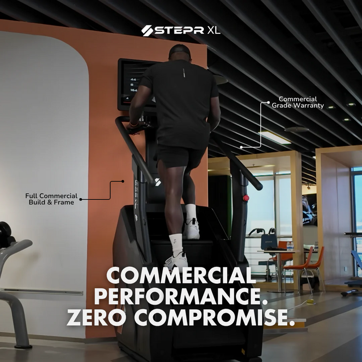 Person using a Stepr XL elliptical machine in a modern indoor setting with text highlighting product features.