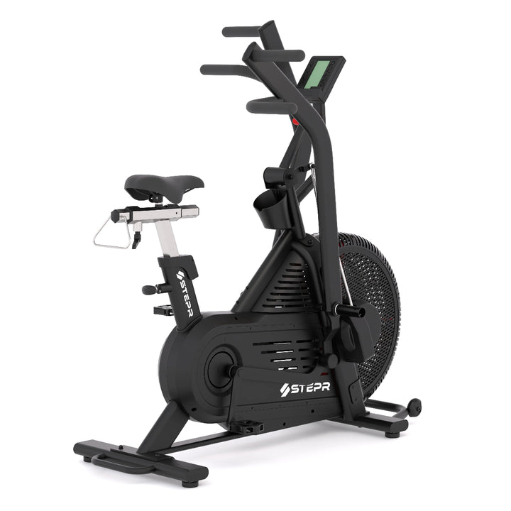 Black exercise bike with digital display on a white background