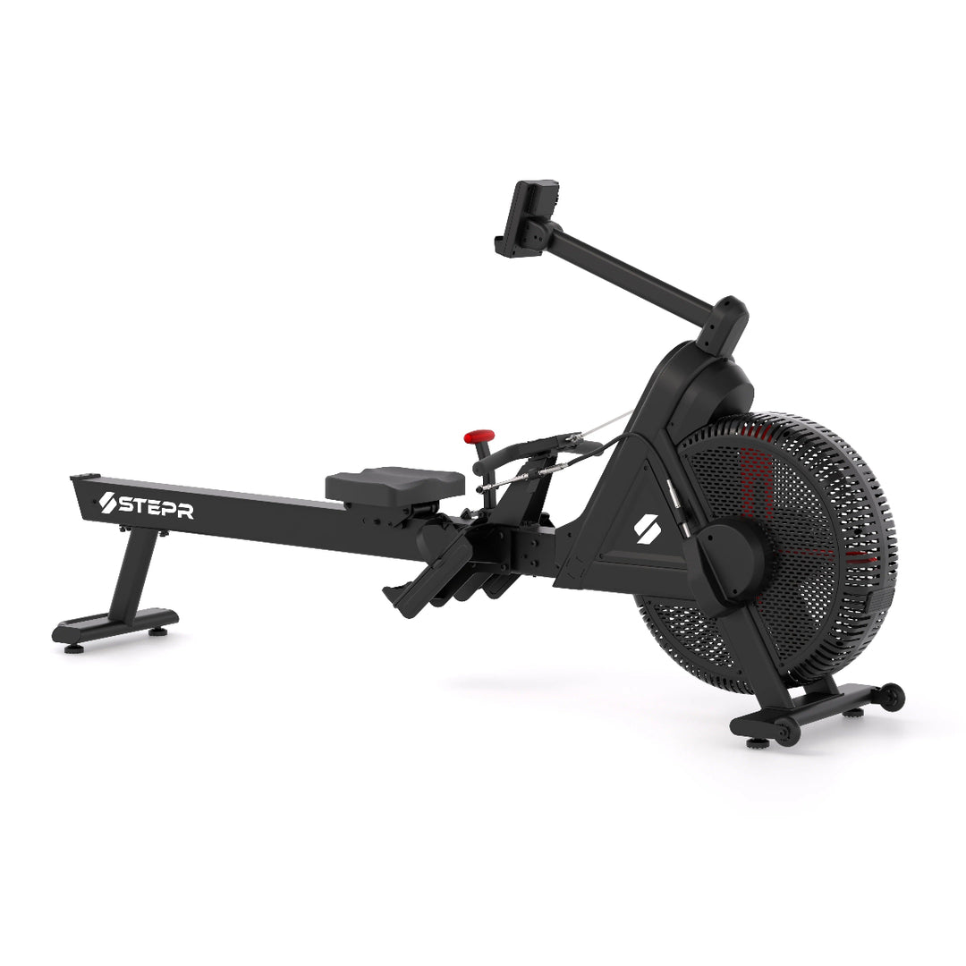Black rowing machine with 'STEPr' branding on a white background