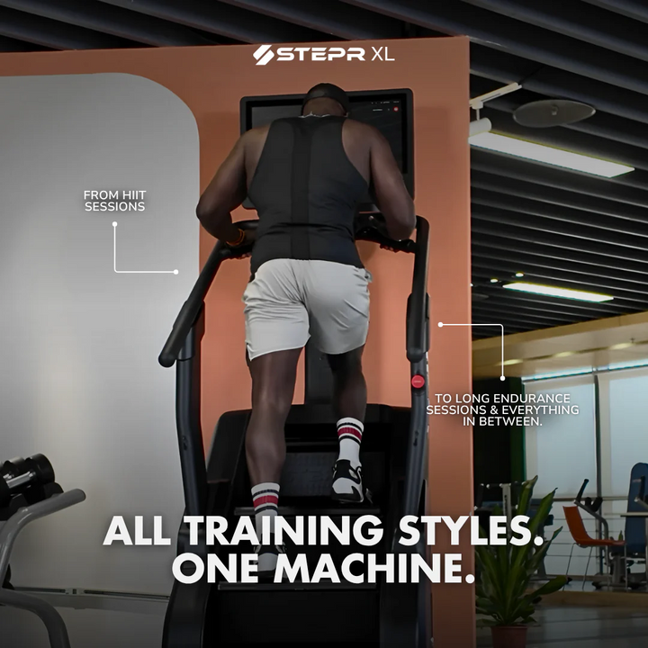 Person using a Stepr XL machine in a gym setting with promotional text.