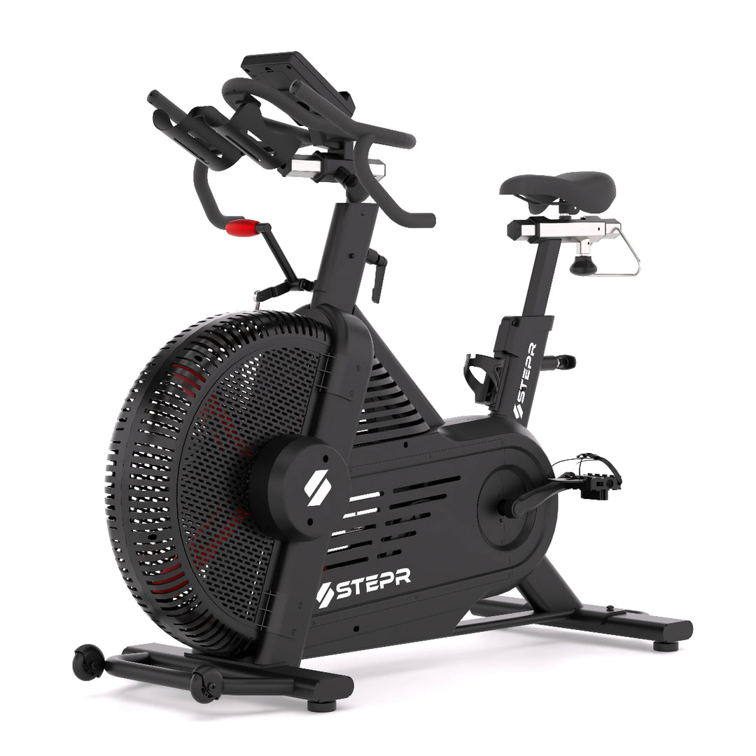 Black exercise bike with fan on a white background