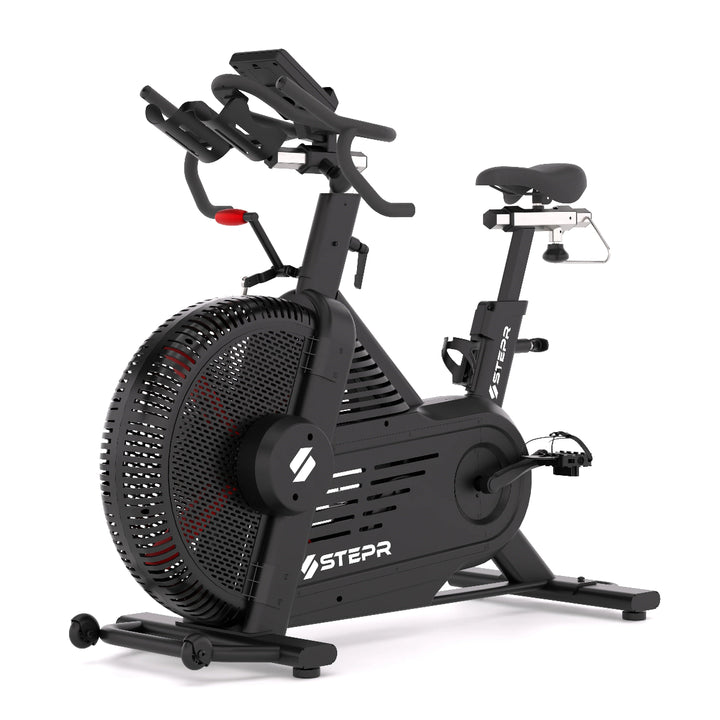 Black exercise bike with fan on a white background
