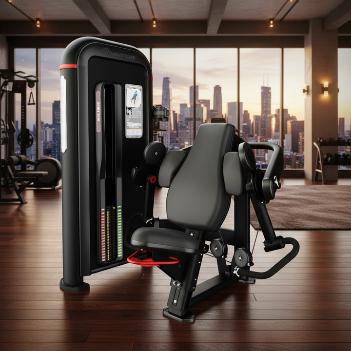 A professional cable pull-up machine with a black padded seat and backrest, featuring red accent details and a digital display screen on the frame, isolated on a white background.
