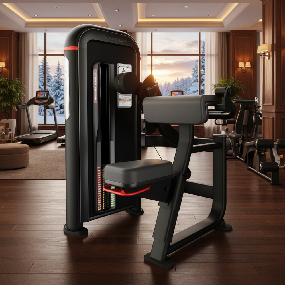 A black and gray cable pulley chest exercise machine with red accent lines, shown on a solid white background.