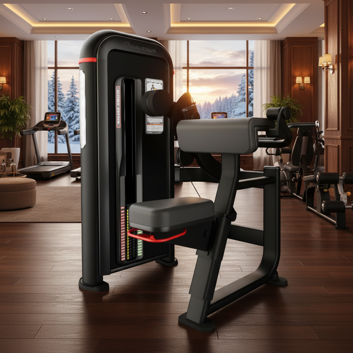 A black and gray cable pulley chest exercise machine with red accent lines, shown on a solid white background.