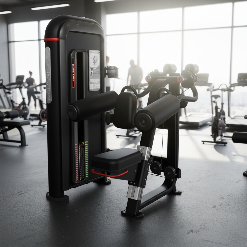 A black cable pulley back exercise machine with red accents, shown on a solid white background.