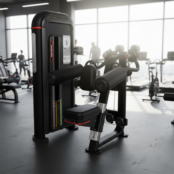 A black cable pulley back exercise machine with red accents, shown on a solid white background.