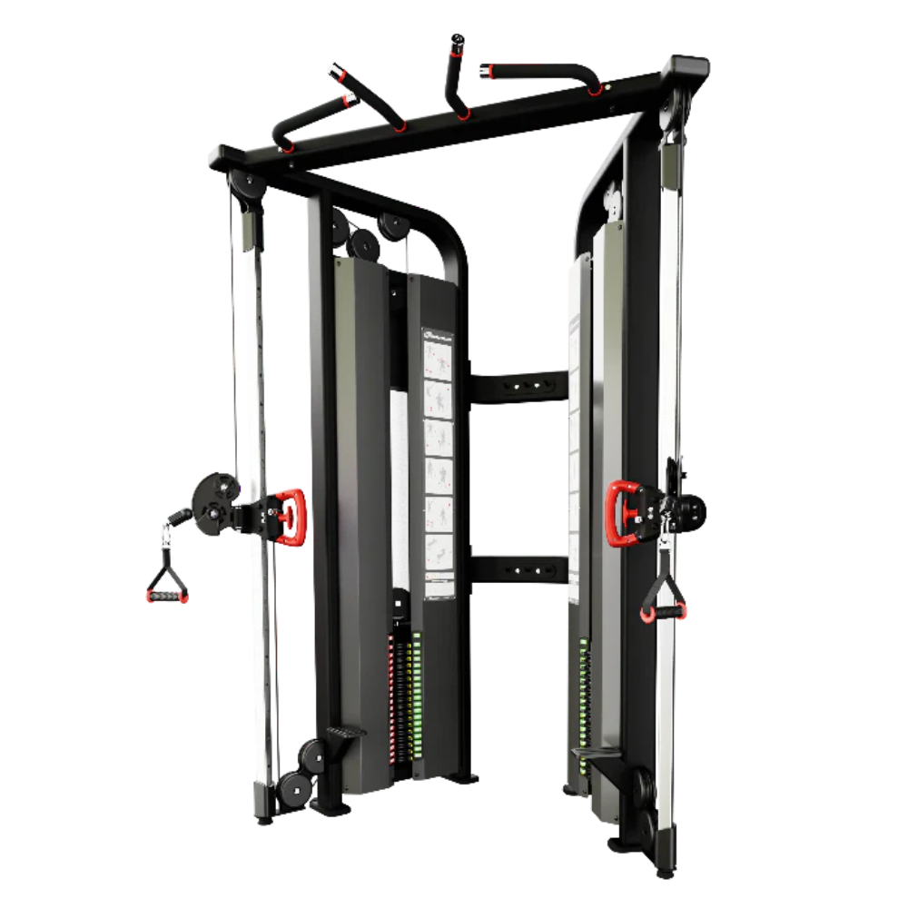 A dual cable pulley gym machine with red handles and red adjustment knobs, featuring a black and silver frame on a solid white background.