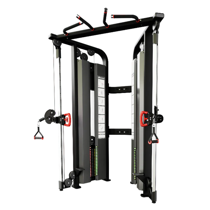 A dual cable pulley gym machine with red handles and red adjustment knobs, featuring a black and silver frame on a solid white background.