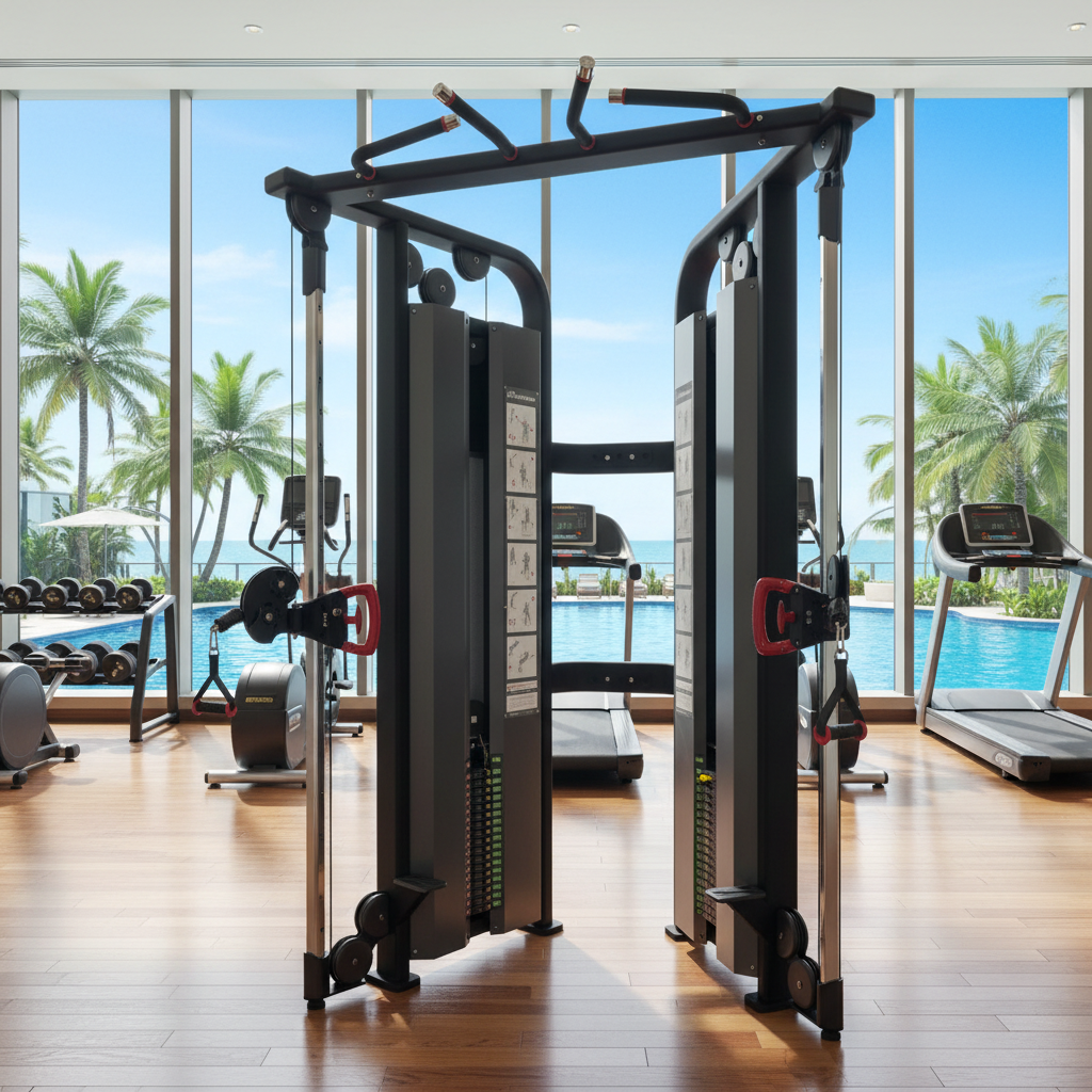 A dual cable pulley gym machine with red handles and red adjustment knobs, featuring a black and silver frame on a solid white background.