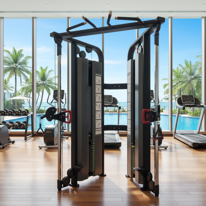 A dual cable pulley gym machine with red handles and red adjustment knobs, featuring a black and silver frame on a solid white background.