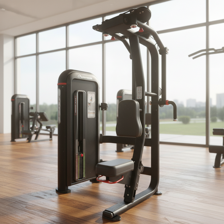 A black and gray home gym shoulder press machine with red adjustment knobs, shown on a solid white background.