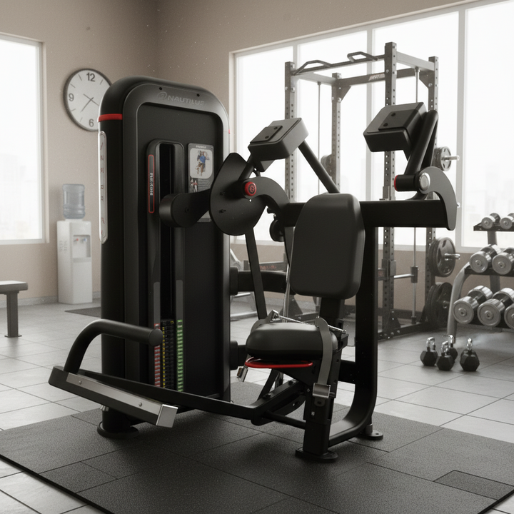 A black and gray cable pulley chest exercise machine with red accents, shown on a solid white background.