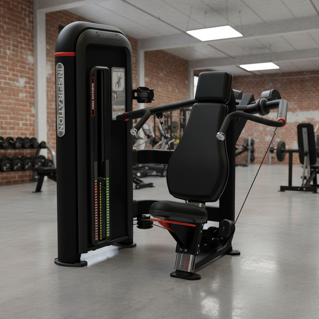 A black chest flyover machine from the brand INSPIRATION, shown on a clean white background. The machine features a padded black seat, adjustable levers, and red accent lines.
