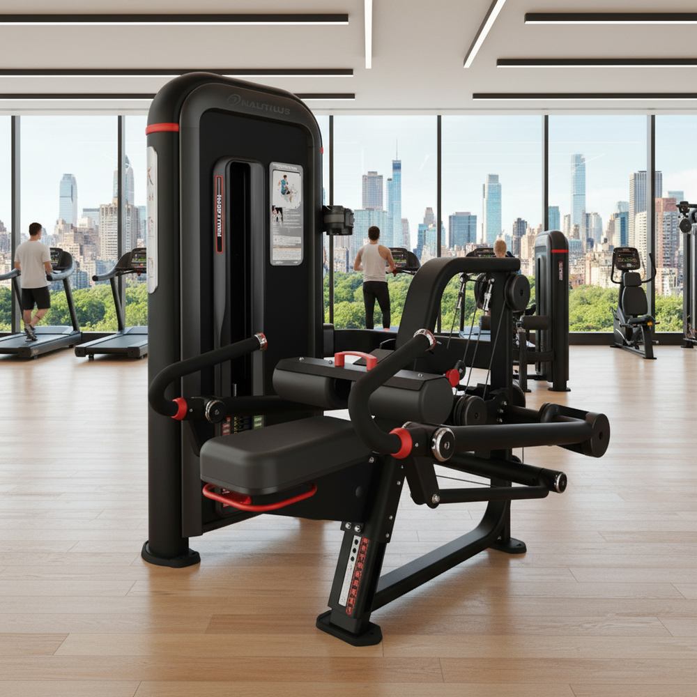 A black and red cable pulley chest exercise machine with a padded seat and backrest, shown on a plain white background.