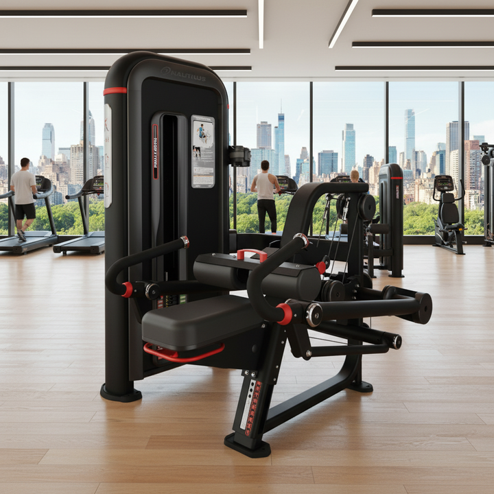 A black and red cable pulley chest exercise machine with a padded seat and backrest, shown on a plain white background.