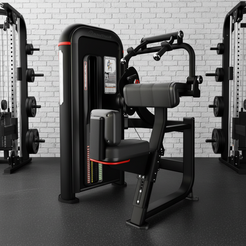 A black and gray cable pulley chest fly exercise machine with red accent lines, shown on a solid white background.