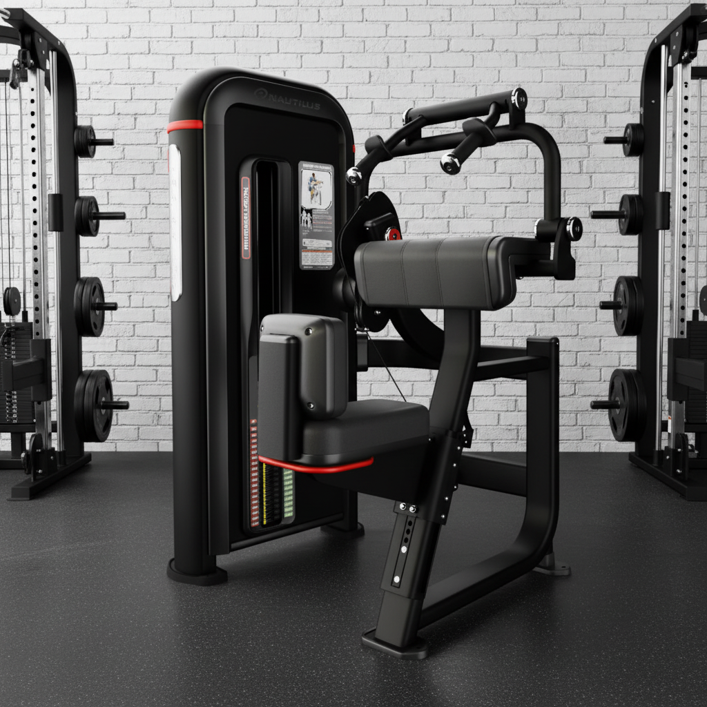 A black and gray cable pulley chest fly exercise machine with red accent lines, shown on a solid white background.