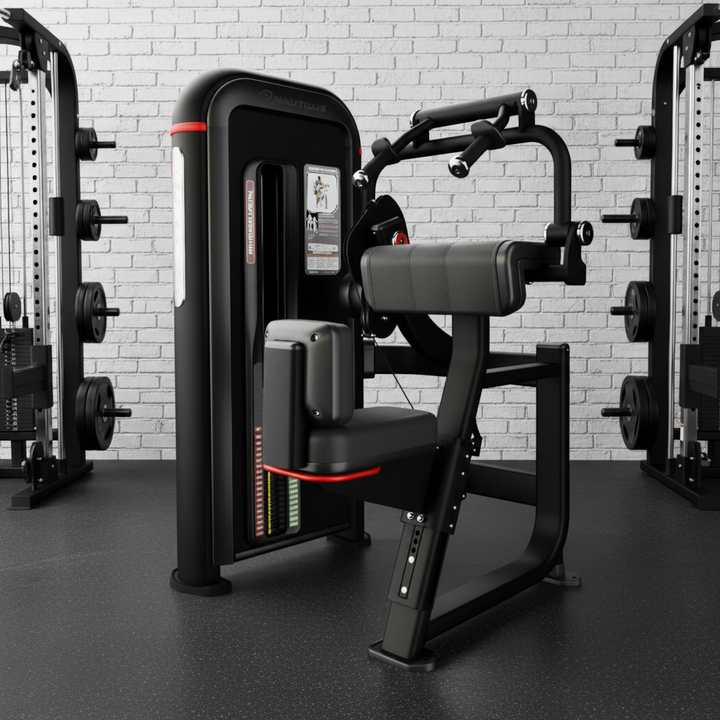 A black and gray cable pulley chest fly exercise machine with red accent lines, shown on a solid white background.