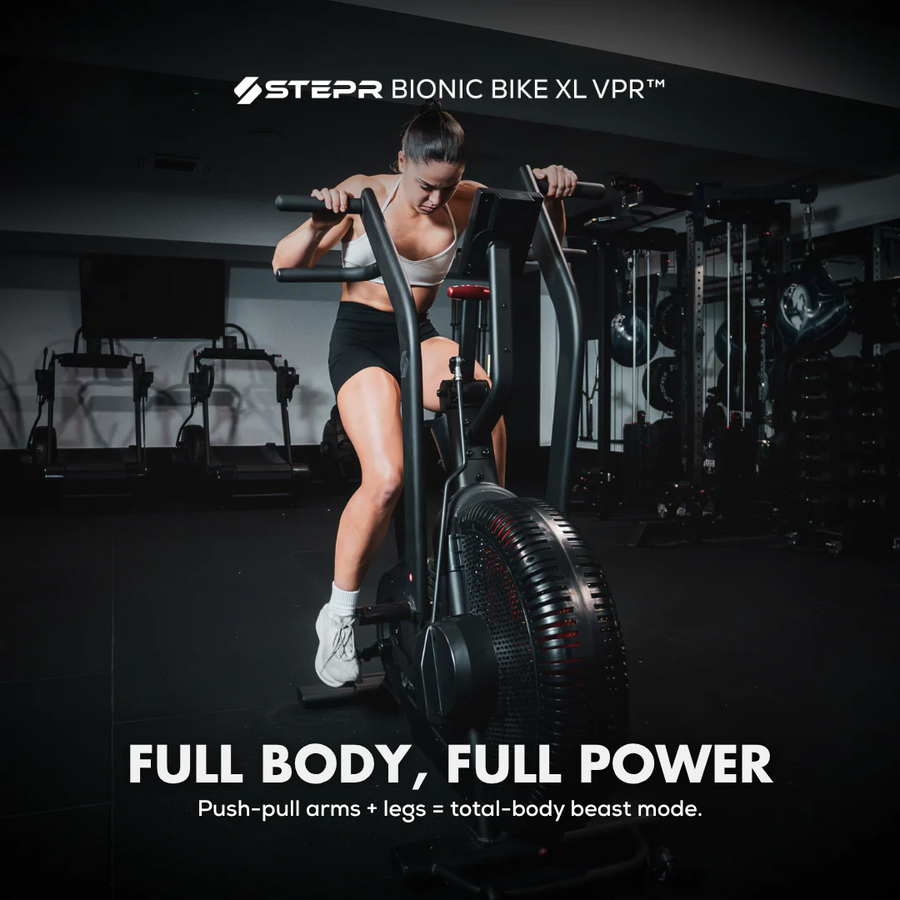 Person using a Stepr Bionic Bike XL VPR in a gym setting with promotional text.