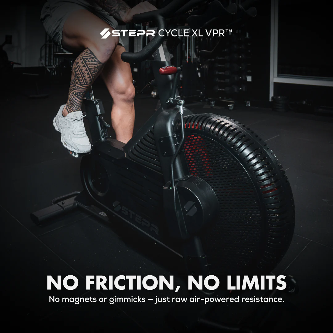 Person using a stationary bike with 'Stepr Cycle XL VPR' branding and text about air-powered resistance.