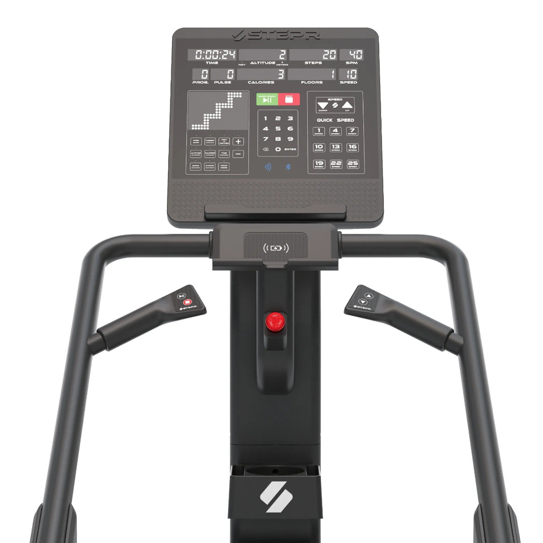 Close-up of a digital display on a piece of exercise equipment with a white background