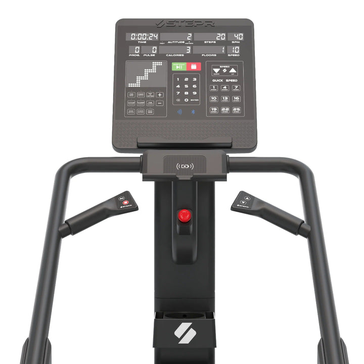 Close-up of a digital display on a piece of exercise equipment with a white background