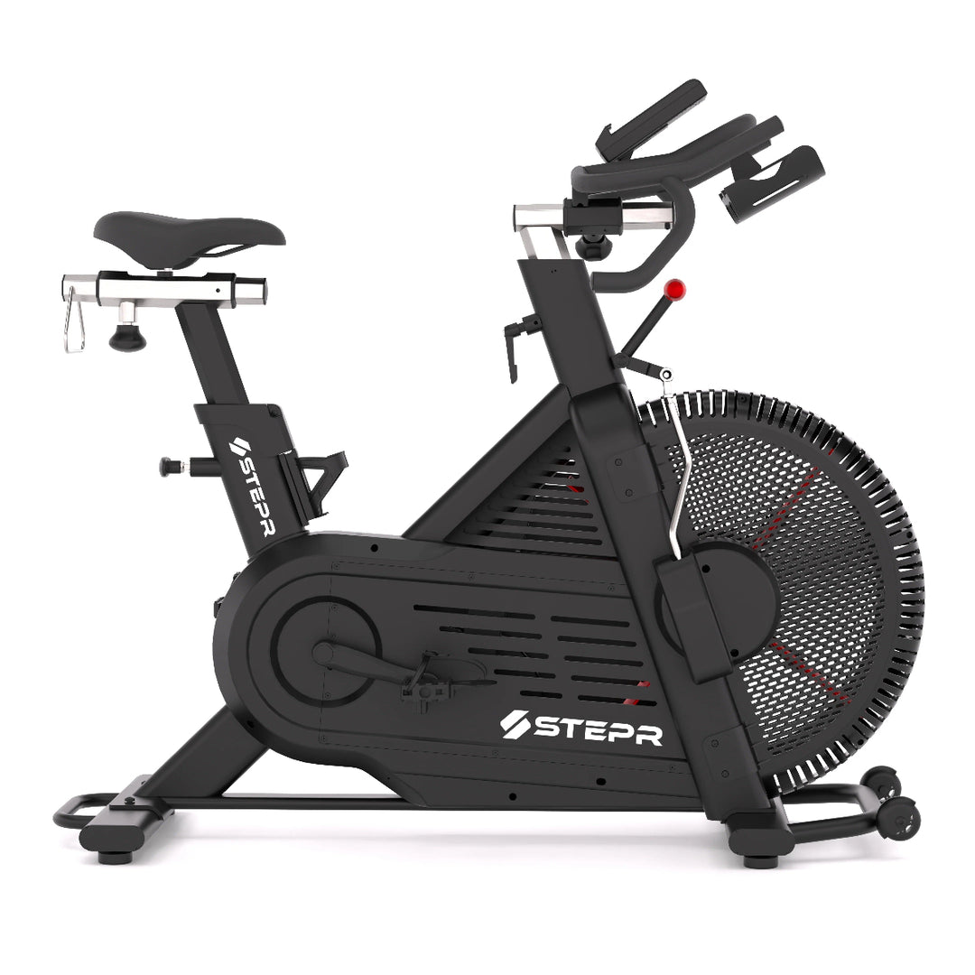 Black exercise bike with visible branding on a white background