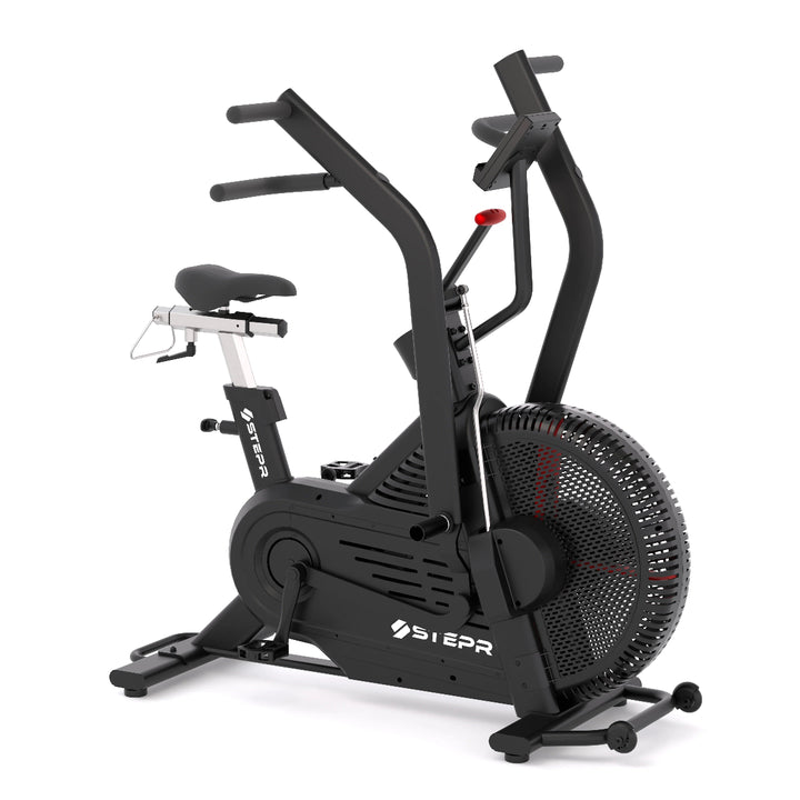 Black exercise bike with fan on a white background