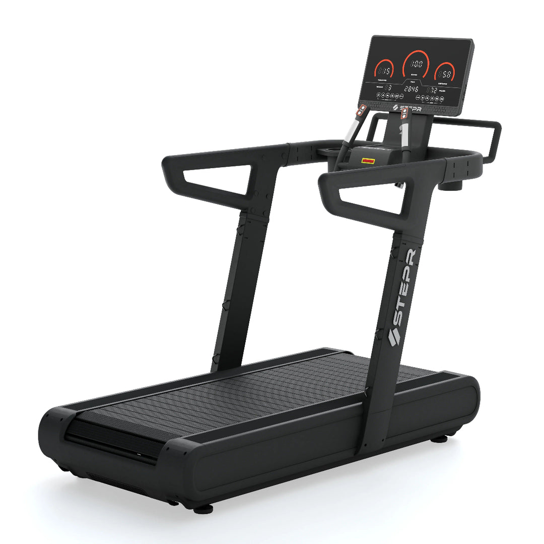 Black treadmill with digital display on a white background