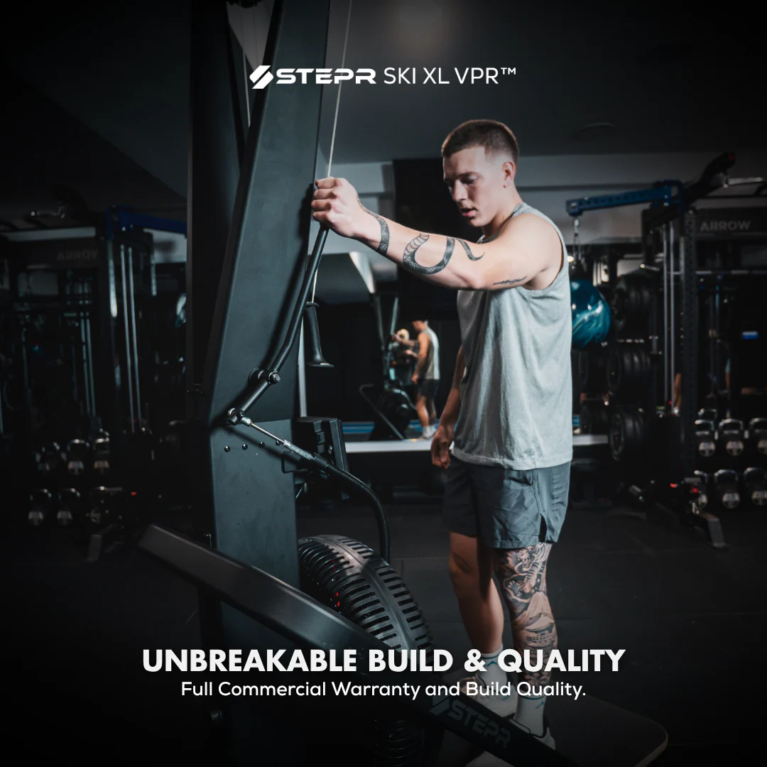 Person using a piece of gym equipment with 'Stepr Ski XL VPR' branding.