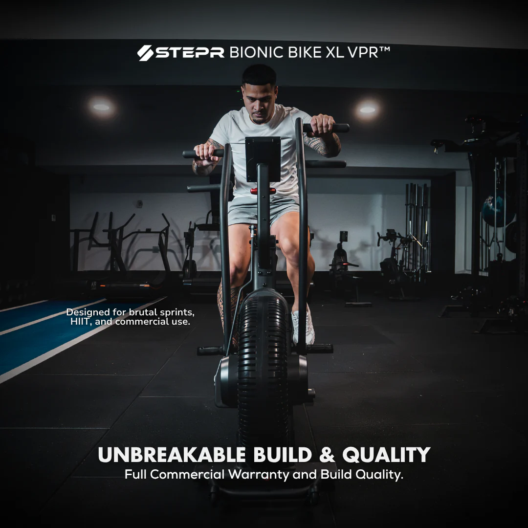 Person using a Stepr Bionic Bike XL VPR in a gym setting with promotional text.